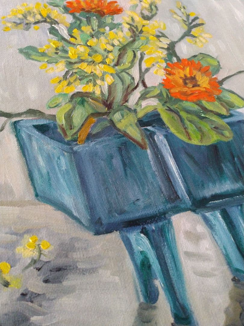 青い花瓶の花の油彩画