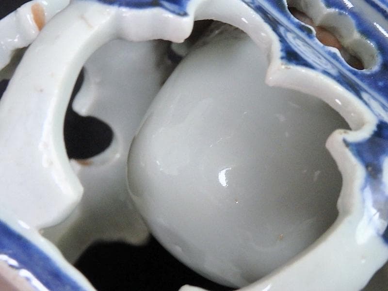 古伊万里　染付　壺型透かし 渦巻の図　六角　盃台　E471AS-CGm