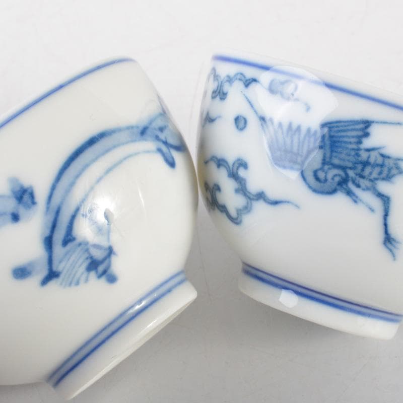 煎茶道具　賣茶好　染付　絵変　干支　煎茶碗　五客　共箱　V　6543