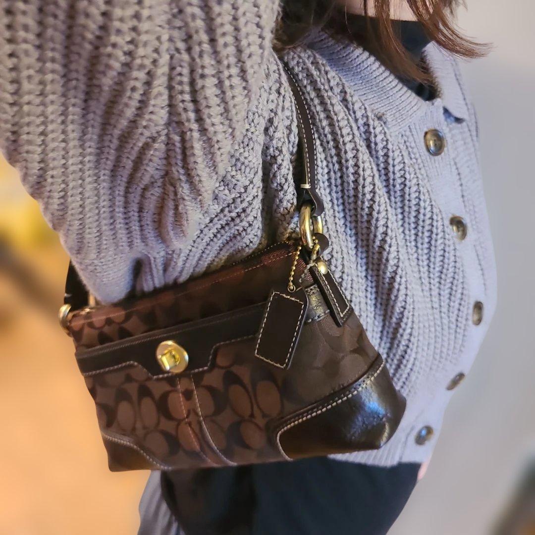 コーチ アクセサリーポーチ ワンショルダーバッグ シグネチャー ターンロック 茶