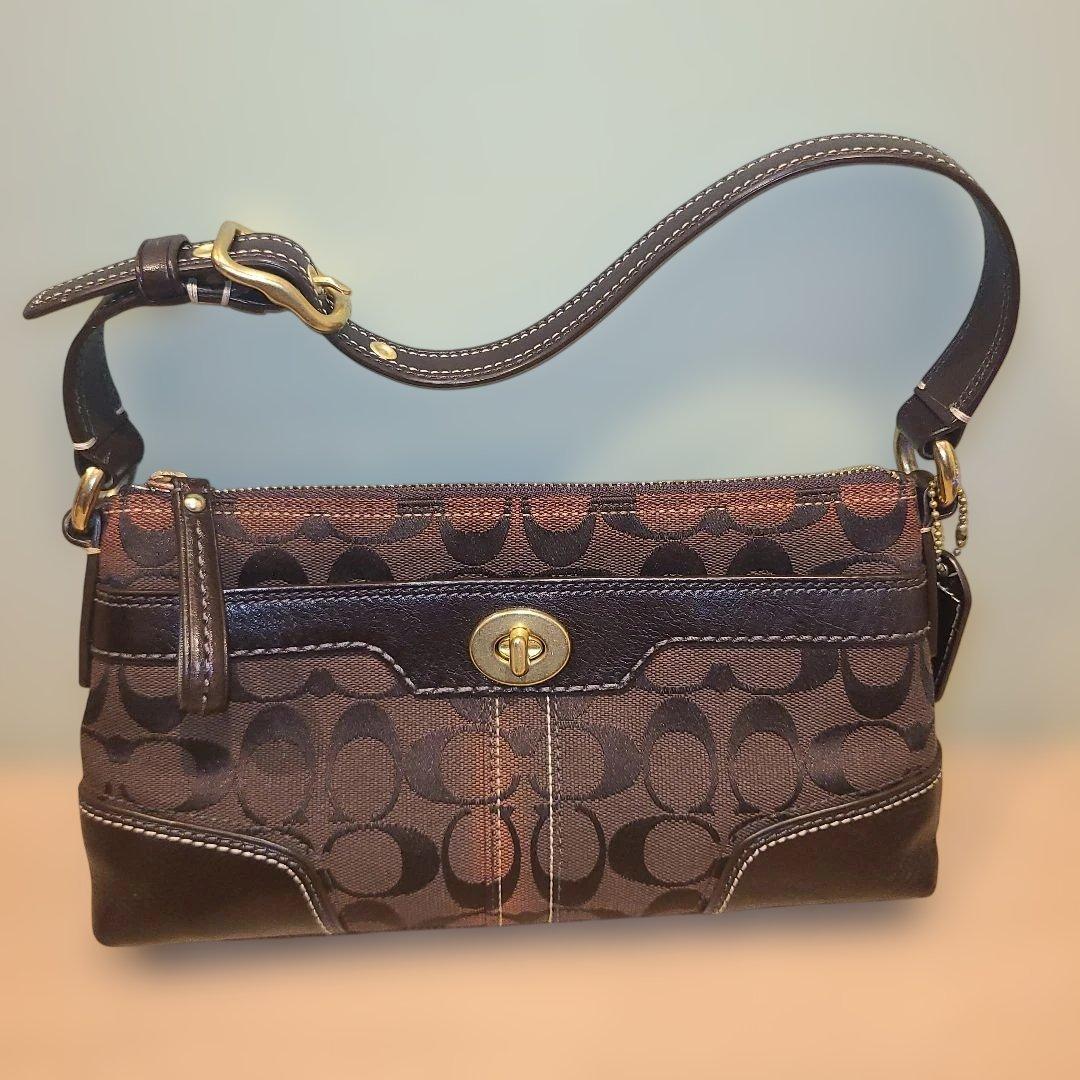 コーチ アクセサリーポーチ ワンショルダーバッグ シグネチャー ターンロック 茶