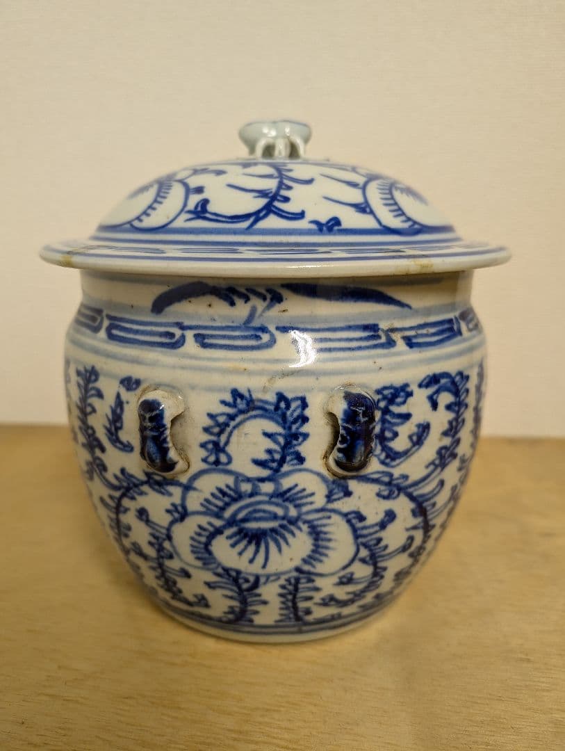 中国古陶磁 青花蓋罐 清末頃 花文 蓋壺 古美術 時代物