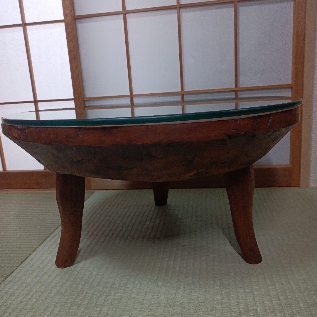 希少　古民家蔵出し品　天然木　座卓　丸テーブル　手彫り　ガラス板付き