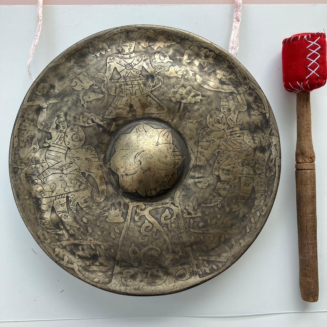 金属製打楽器　中国　チベット　ゴング　ドラ　銅鑼　アンティーク　民族楽器