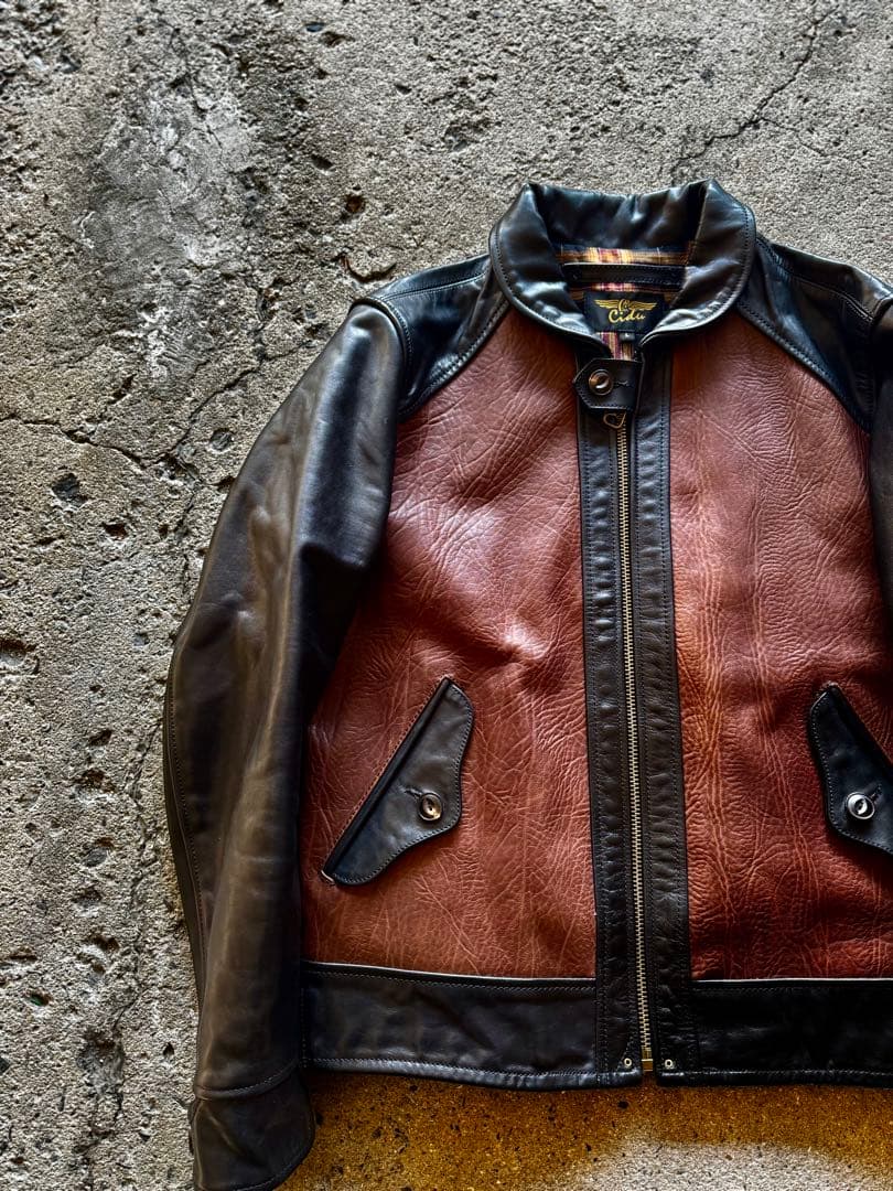 極上牛革 ブラック×ブラウンレザー コンビネーションジャケット スポーツタイプ