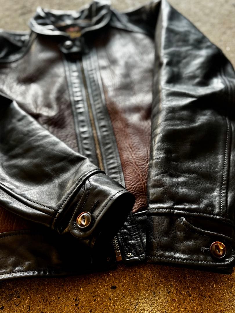 極上牛革 ブラック×ブラウンレザー コンビネーションジャケット スポーツタイプ