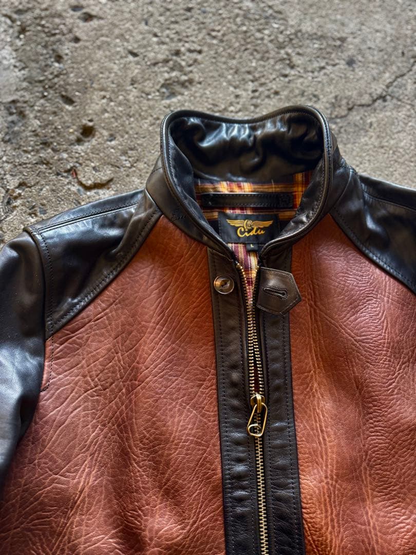 極上牛革 ブラック×ブラウンレザー コンビネーションジャケット スポーツタイプ