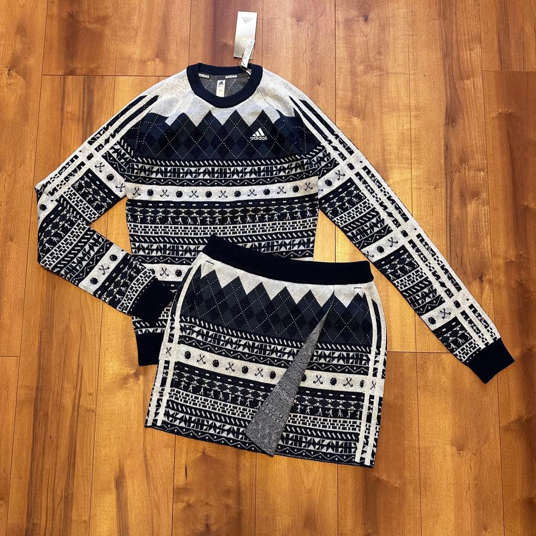 長袖　ニット　セーター　巻きスカート　セットアップ　秋冬　ウール混　ネイビー　S