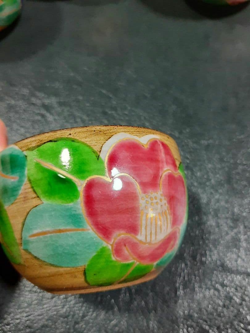 花ワールド 京焼　清水焼　嘉豊窯　椿絵　湯呑み４個