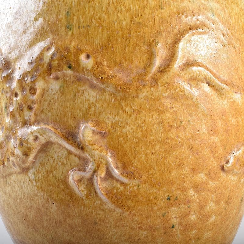 中国　黄釉　貼龍鳳凰文　六耳瓶　C　R7669B