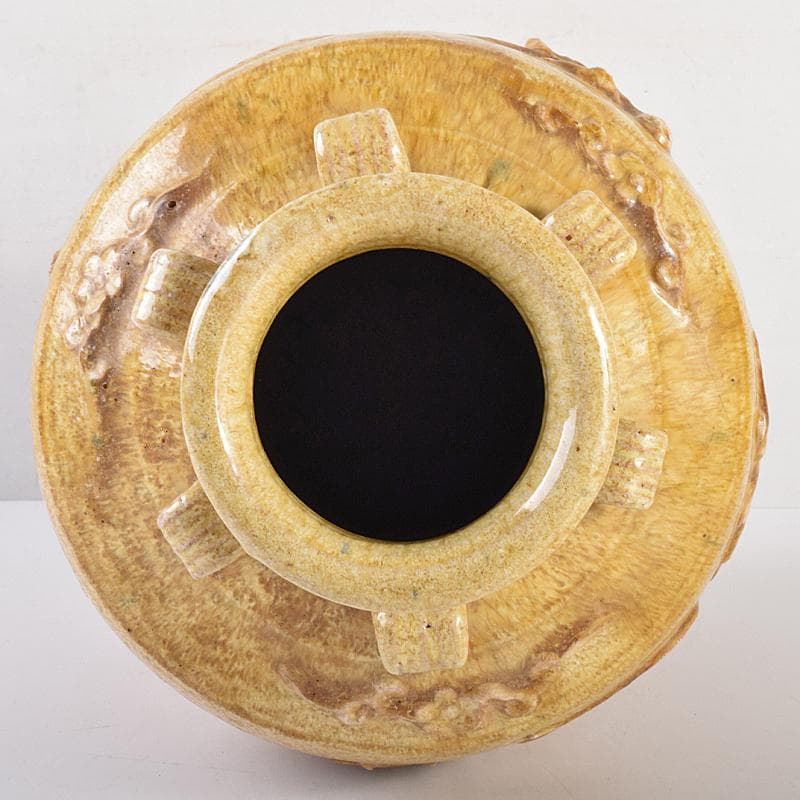 中国　黄釉　貼龍鳳凰文　六耳瓶　C　R7669B