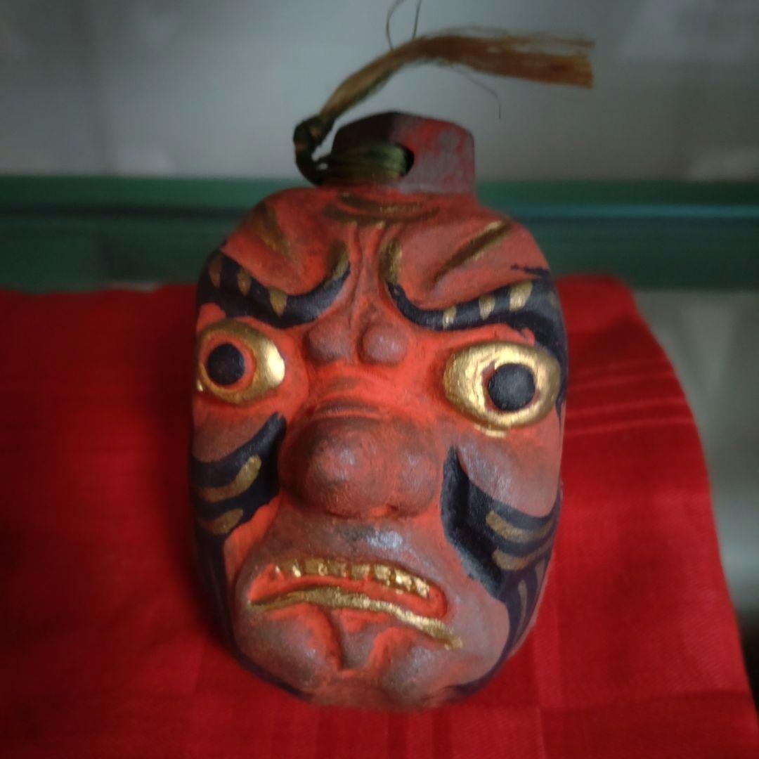 昭和伝統的な陶器のお福さん と 天狗の両面土鈴