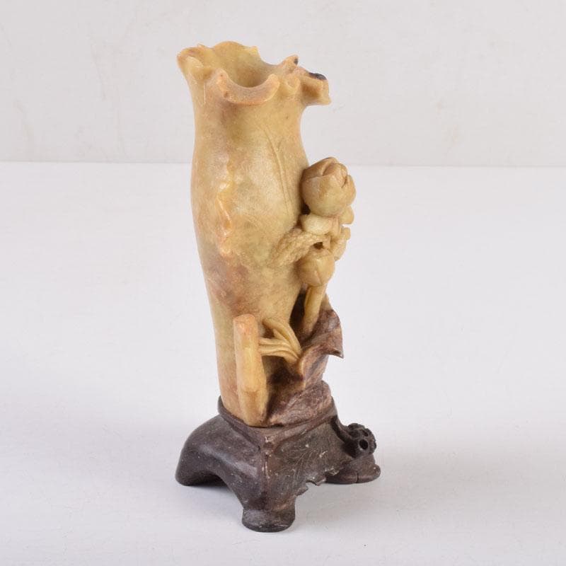 中国　玉石寿山石　花草刻　飾壷　花壷　置物　時代箱　C　8452