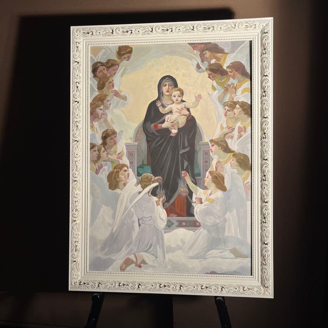 手書き油絵 ブグロー 天使と聖母絵画 額付き インテリア 油彩画