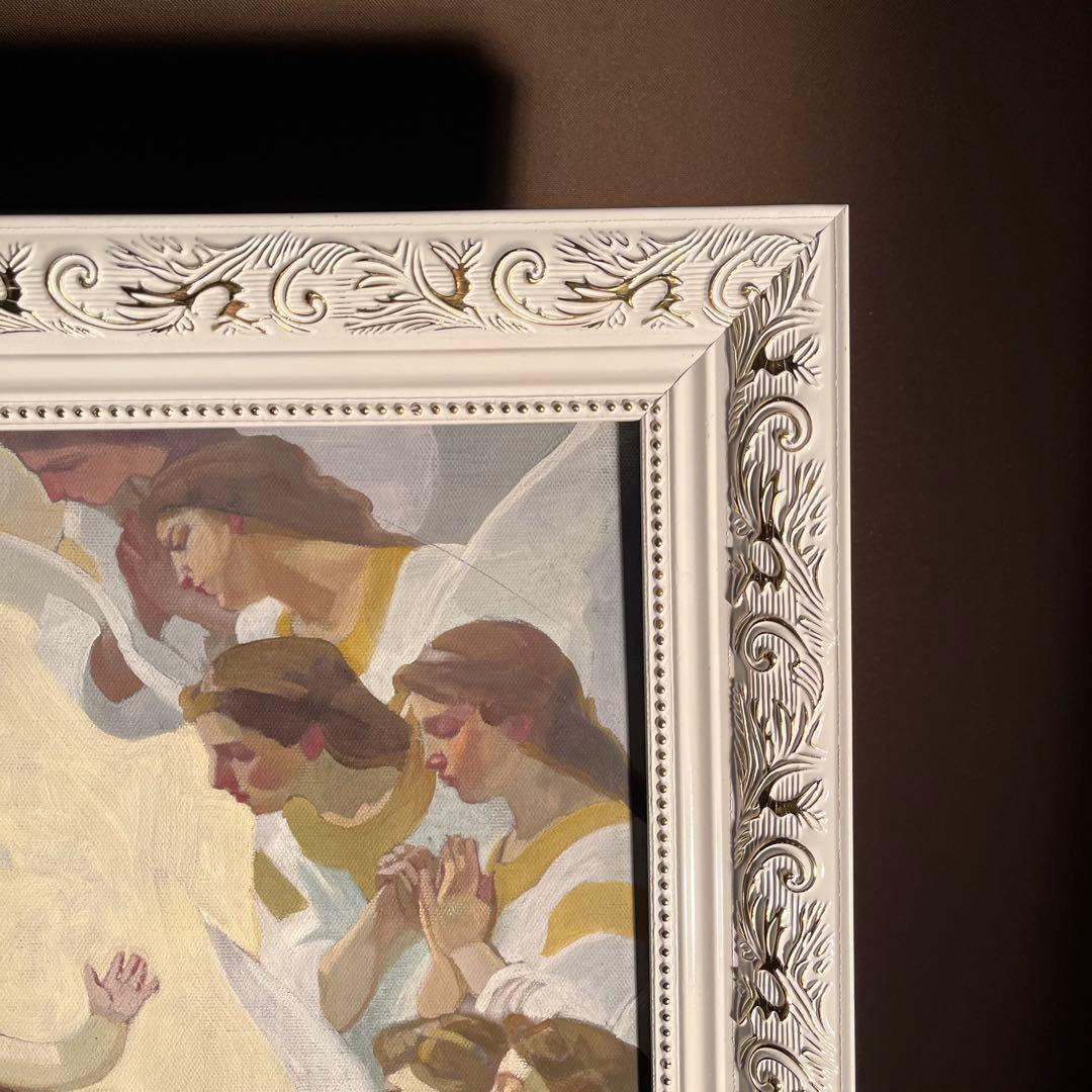 手書き油絵 ブグロー 天使と聖母絵画 額付き インテリア 油彩画