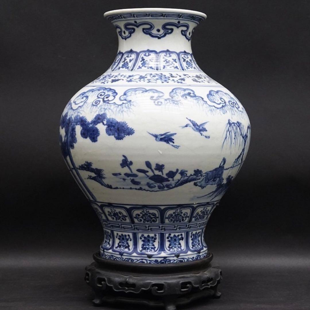 中国美術 中国古玩 台座付染付花瓶 花生 飾壷 唐物 磁器 陶芸 古美術品