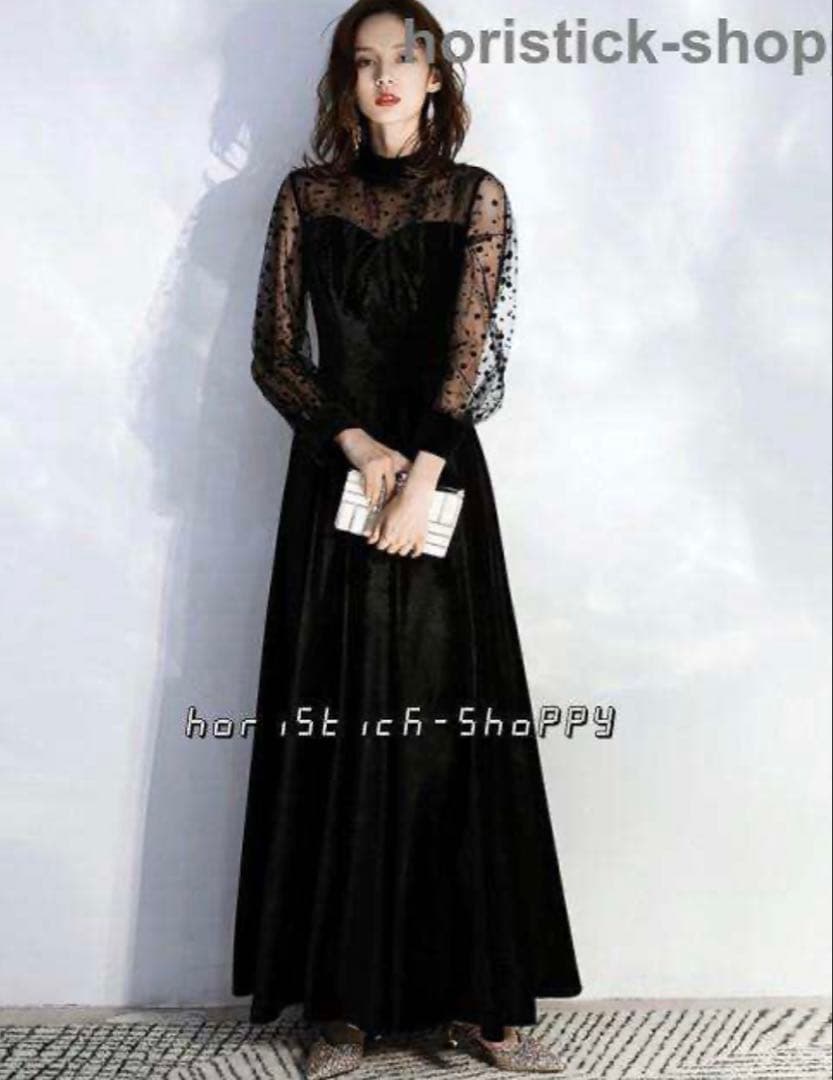 【新品】ブラック レーススリーブ マキシドレス/ベルベットバージョン