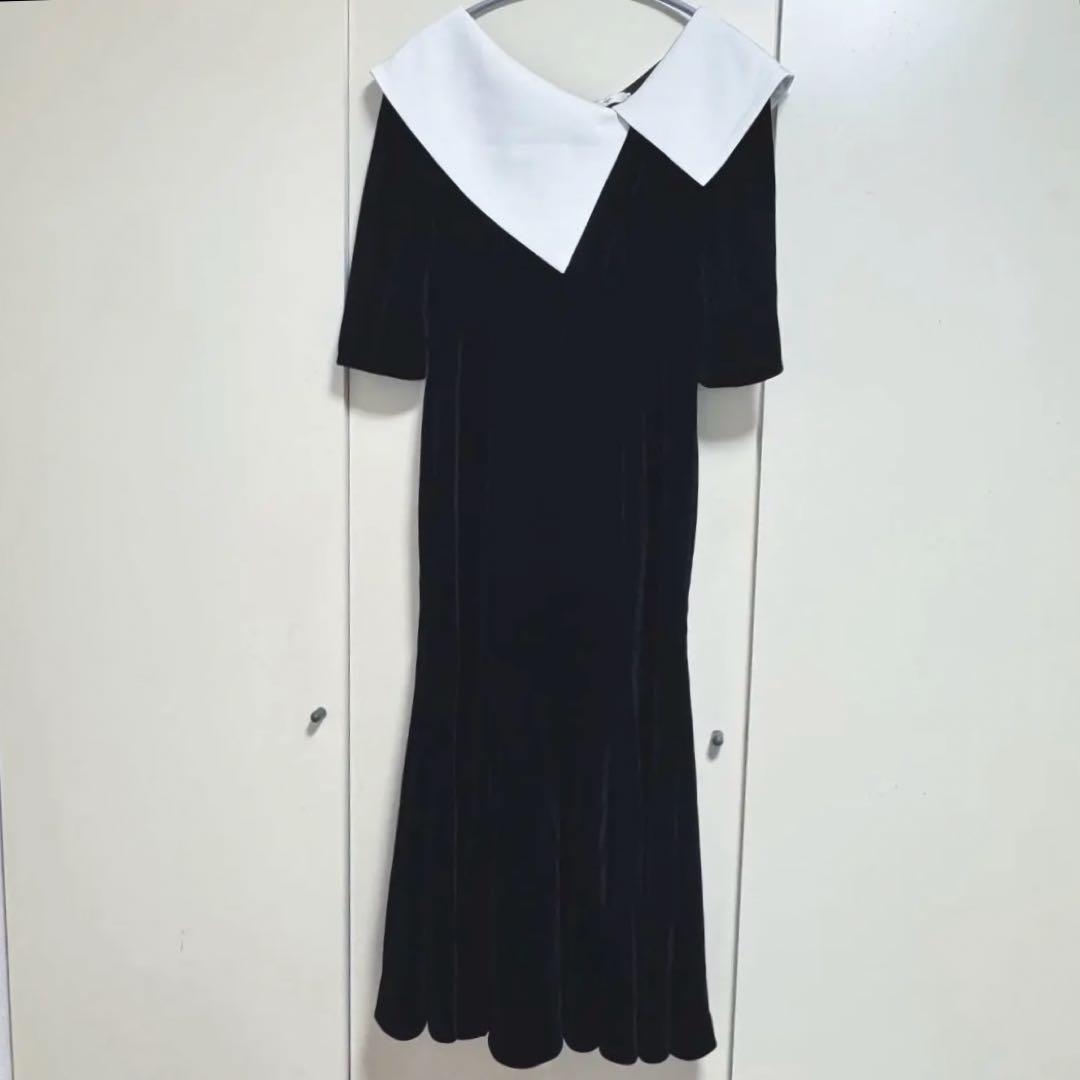 Leja アシンメトリービッグカラーベロアマーメイドワンピースドレス