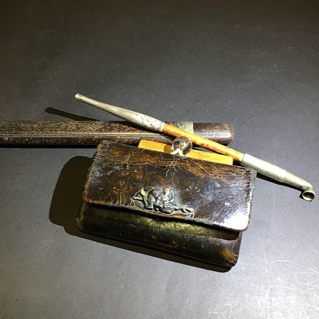 煙草下物　「金銀色絵象嵌武者絵」加藤清正十字槍　高彫純銀キセル水晶玉おじめ　Z2