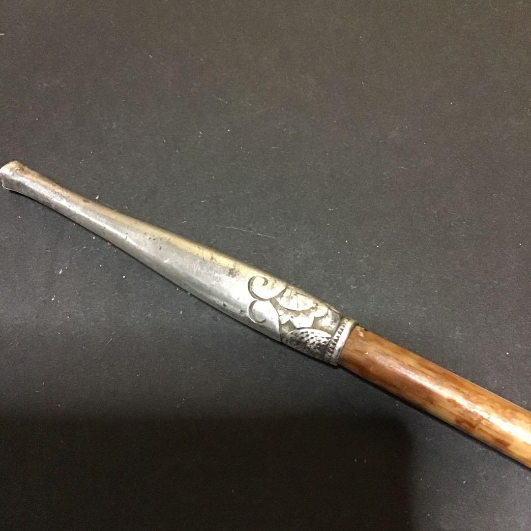 煙草下物　「金銀色絵象嵌武者絵」加藤清正十字槍　高彫純銀キセル水晶玉おじめ　Z2