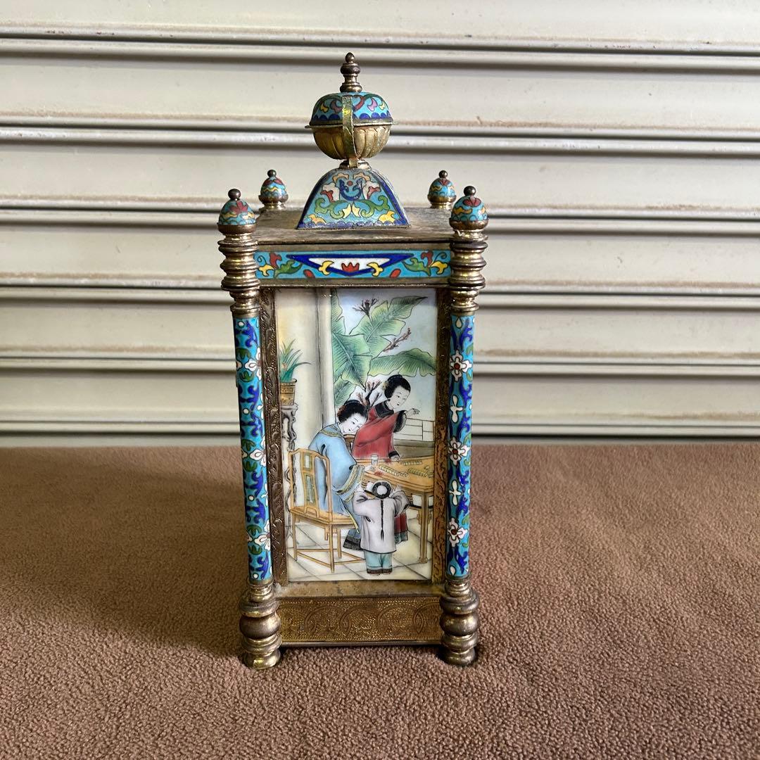 CF5★中国美術★ ガラス製 時計 置時計 アンティーク 七宝時計 インテリア