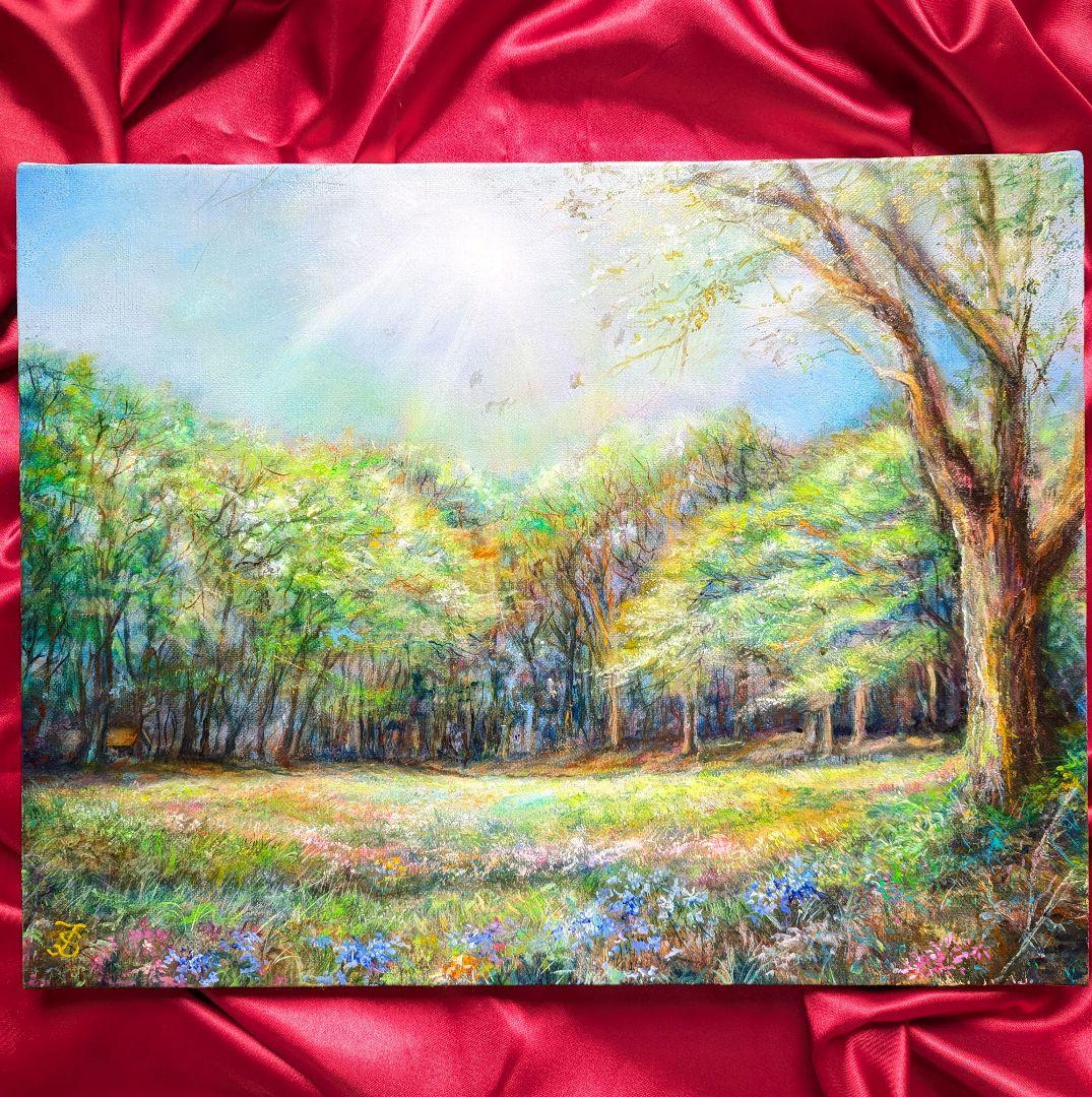 油絵風景画　風景画　新緑　油彩　画家painterTMK本人出品　春風景画