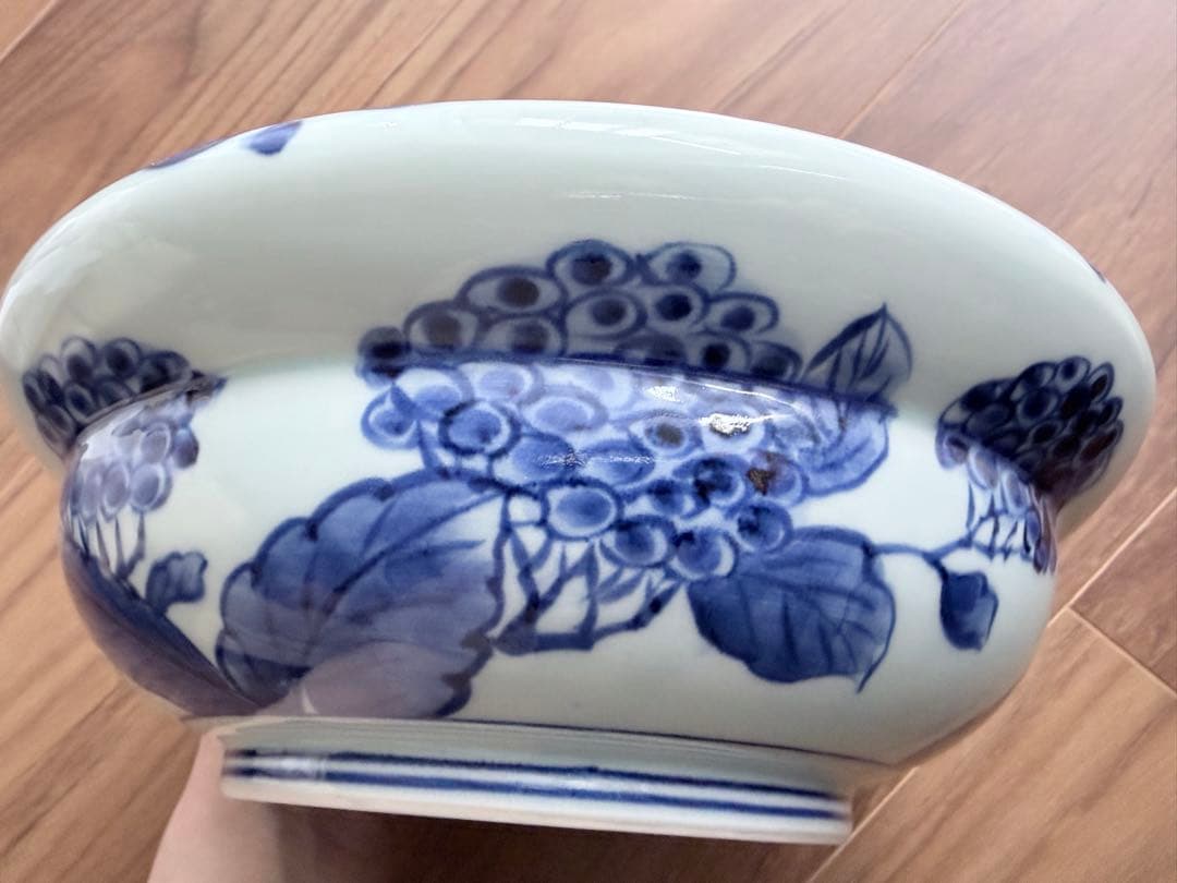 未使用 波佐見焼 一作窯 染付牡丹青海波 鉢 作家物 山口清久 有田焼 手描き