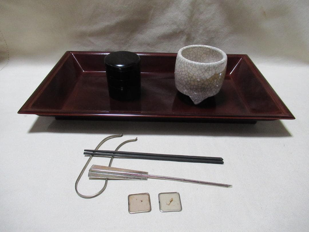 茶道七事式　香道具　溜塗香盆　重香合　聴香炉　火道具　灰付