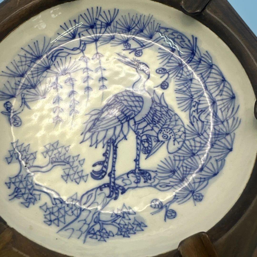 唐木 中国 灰皿 置物 アンティーク 青い鶴の陶器皿 六角形 木製フレーム付き