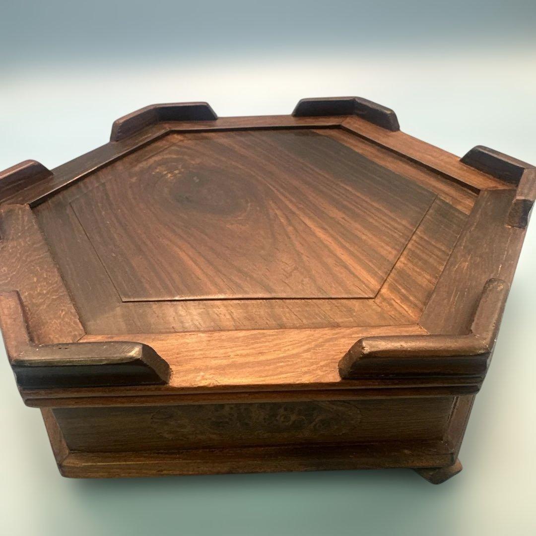 唐木 中国 灰皿 置物 アンティーク 青い鶴の陶器皿 六角形 木製フレーム付き