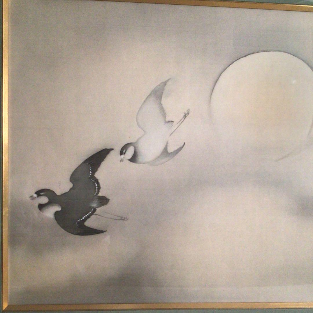 No3770 額装　在銘　紫水　月に千鳥図　日本画　10号　絹本　古画　送料無料