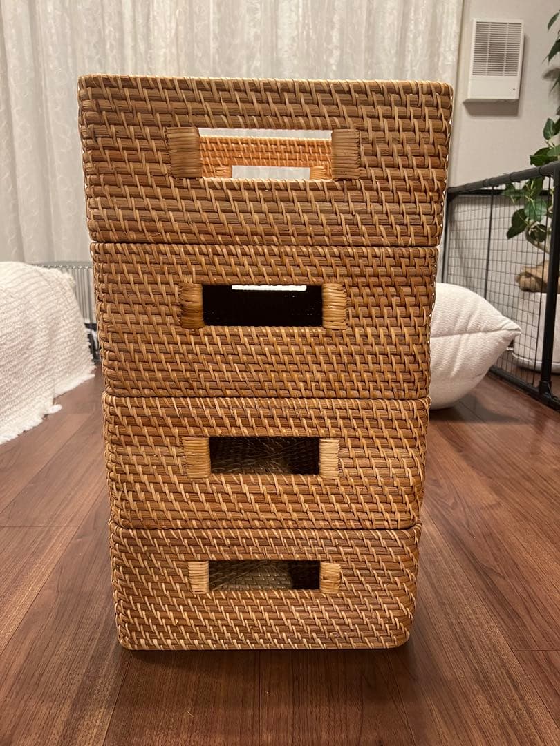 無印良品　重なるラタン角型バスケット・中 4個セット