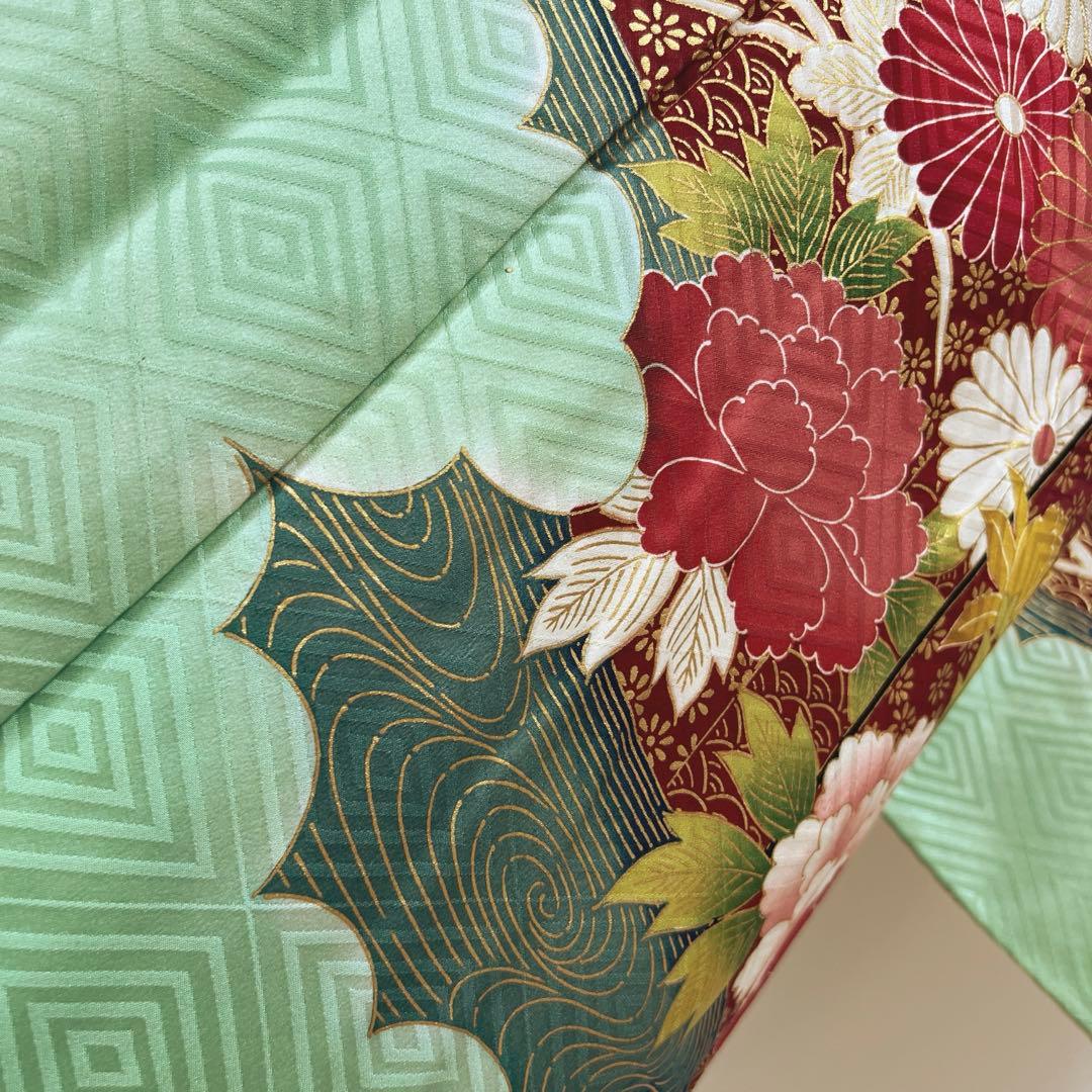 389 振袖フルセット 正絹 黄緑 ミントグリーン 金彩 刺繍 暈し染め 華やか