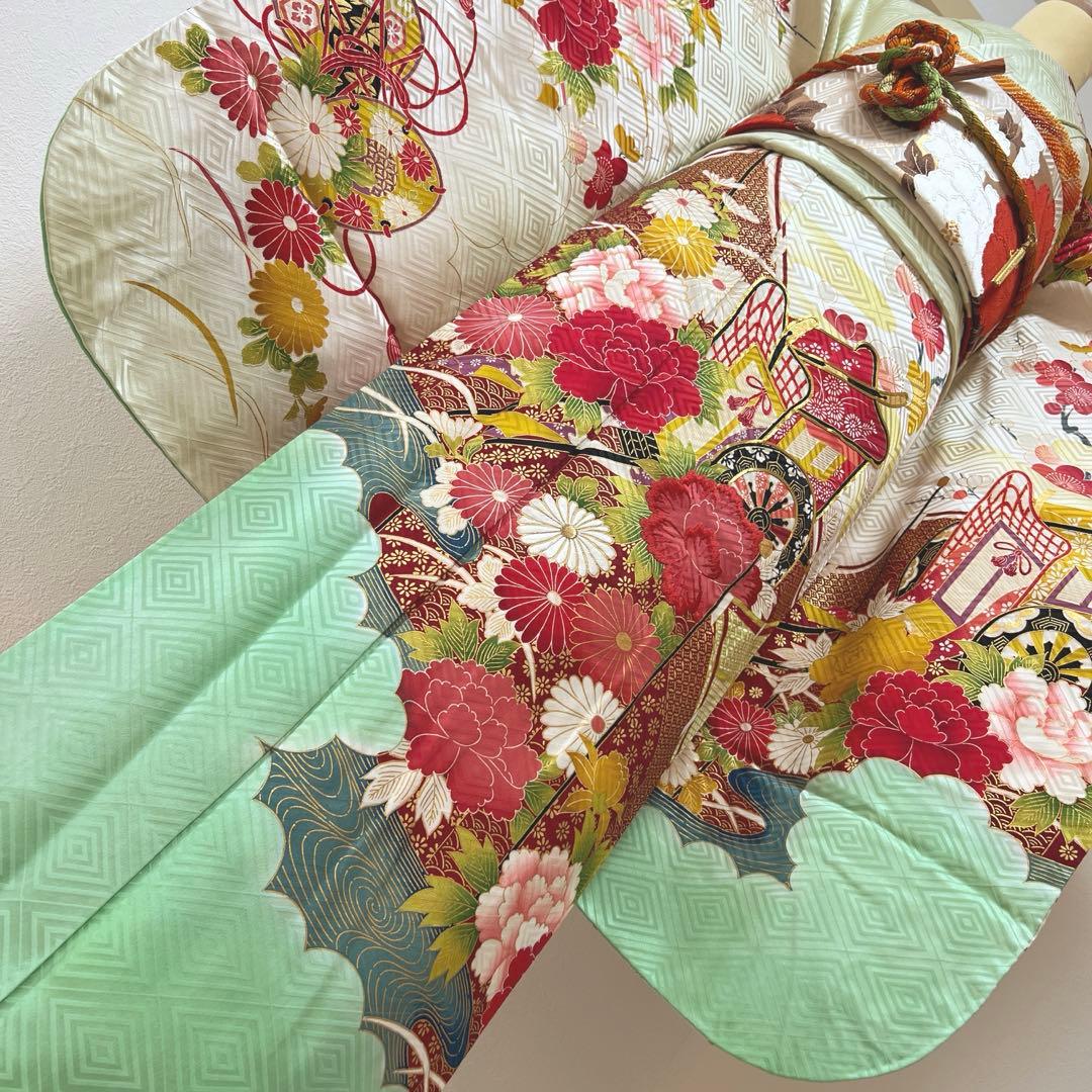 389 振袖フルセット 正絹 黄緑 ミントグリーン 金彩 刺繍 暈し染め 華やか