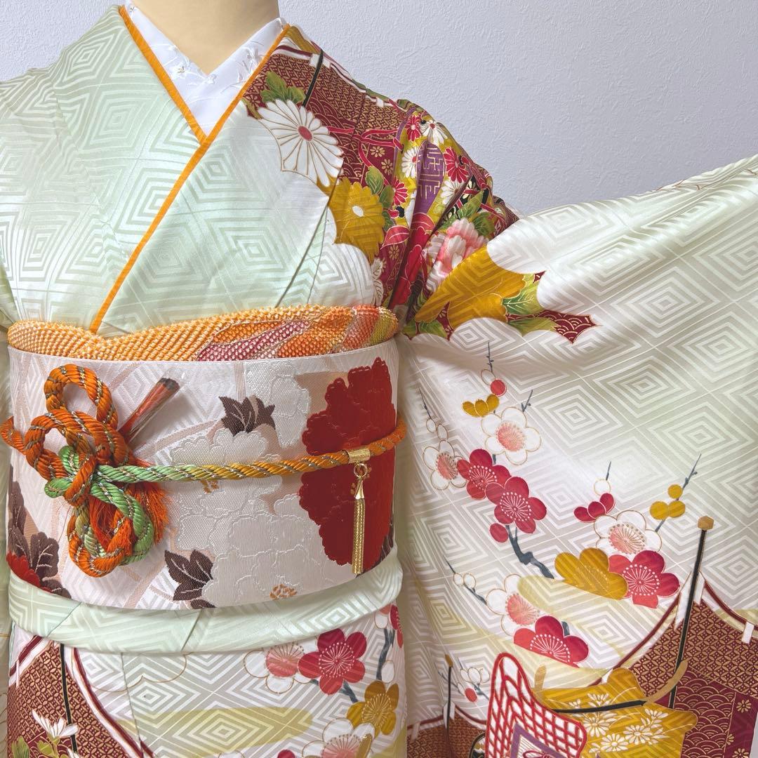 389 振袖フルセット 正絹 黄緑 ミントグリーン 金彩 刺繍 暈し染め 華やか