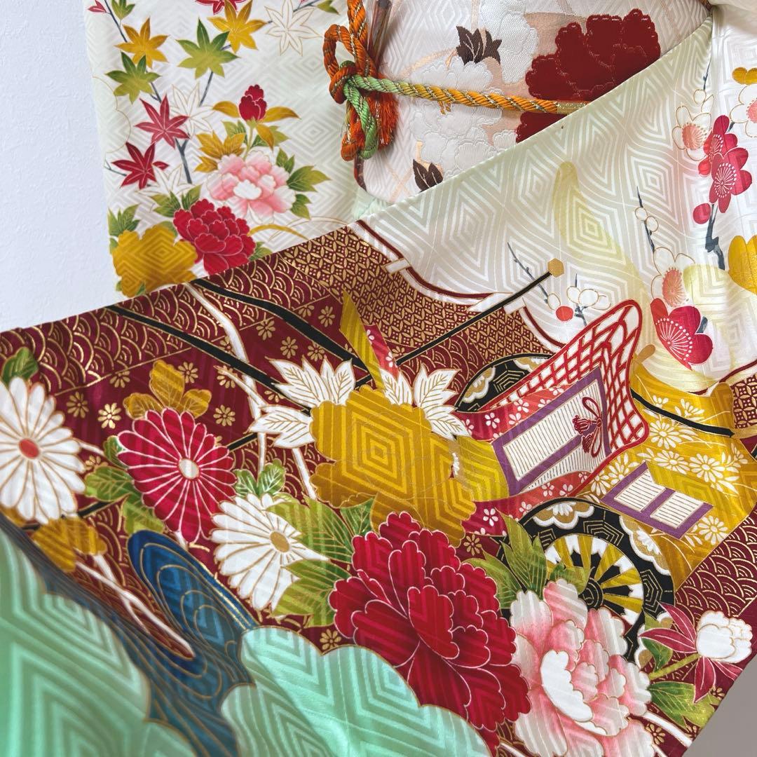 389 振袖フルセット 正絹 黄緑 ミントグリーン 金彩 刺繍 暈し染め 華やか