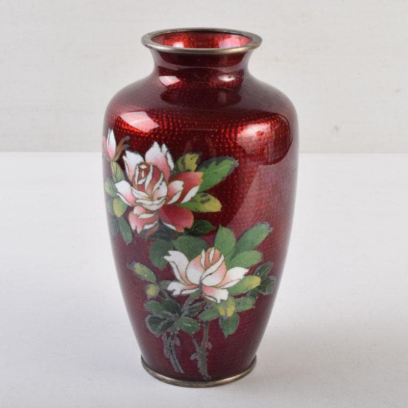 七宝焼　赤透釉　花文　花瓶　V　9018