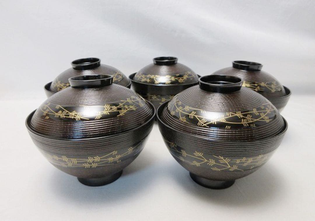 ほぼ未使用 懐石道具 木製溜塗 千筋 蒔絵 吸物椀5客揃 内黒 木箱