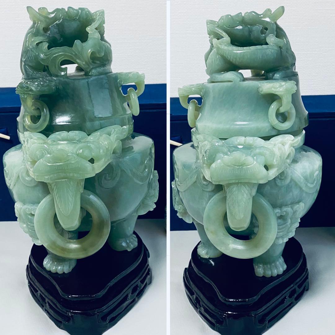 翡翠 置物 龍 彫刻 台座付き 香炉 特大サイズ 中国美術　ヒスイ