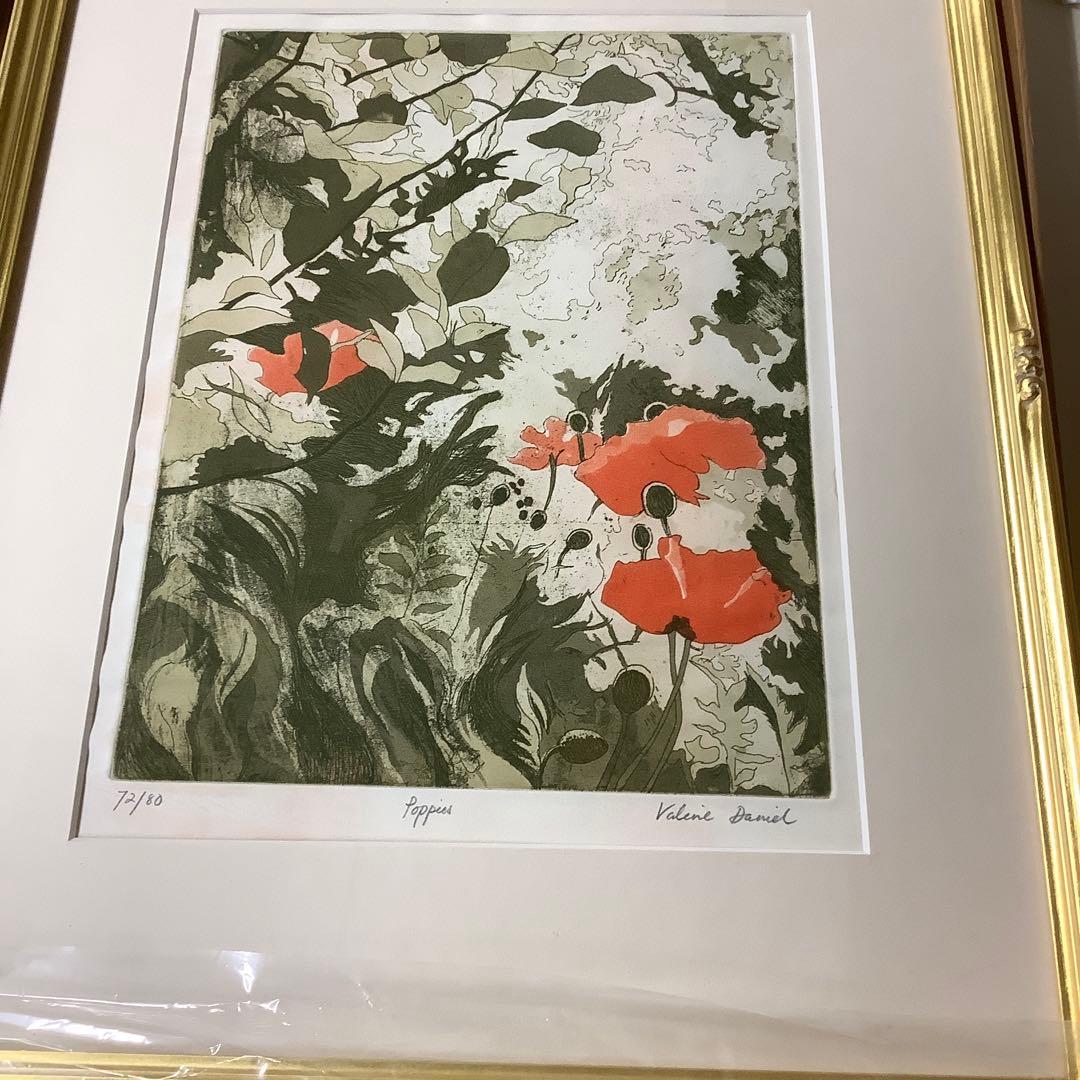 Valerie Daniel ポピー 花の版画 72/80金色フレーム付き