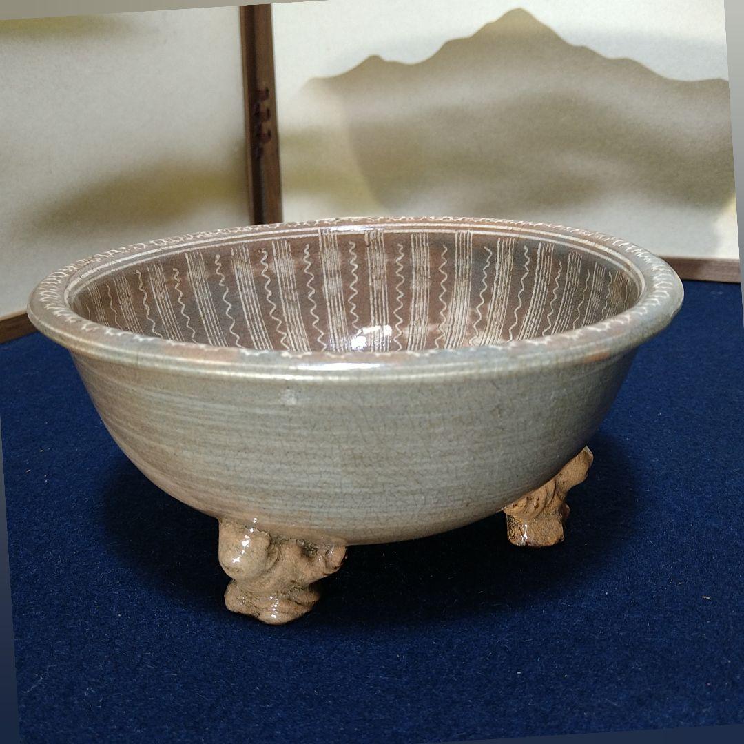 AH50 三島窯 音右衛門造 足付脚付菓子器 唐子 三島焼 菓子器 木箱入茶道具