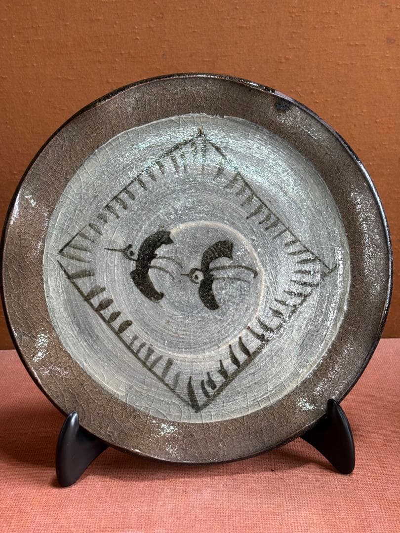 人間国宝荒川豊蔵作絵唐津四方窓割飛鳥文七寸皿　検唐津小十窯にて