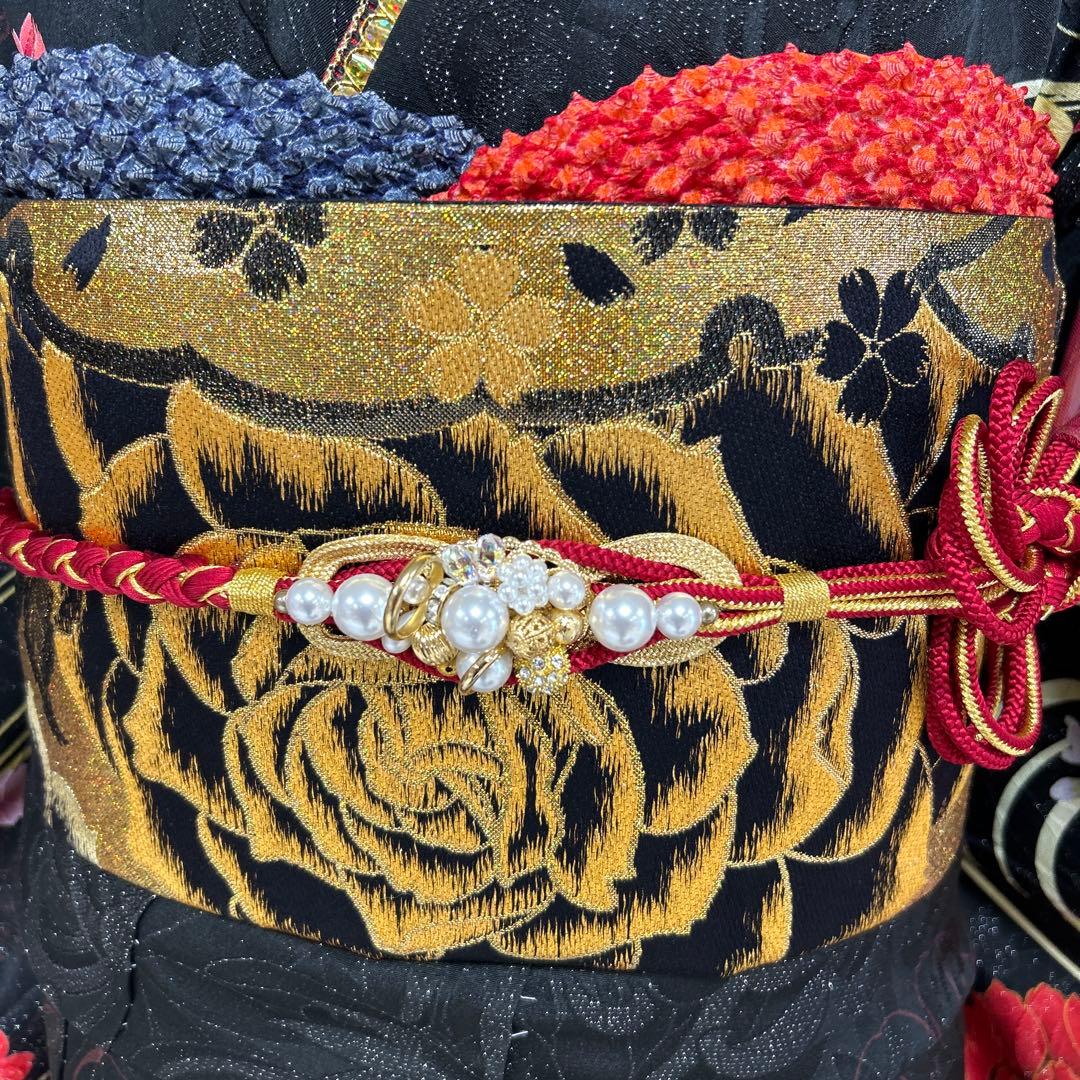 黒ラメゴージャス牡丹に流水の振袖フルセット