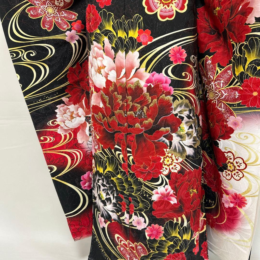 黒ラメゴージャス牡丹に流水の振袖フルセット