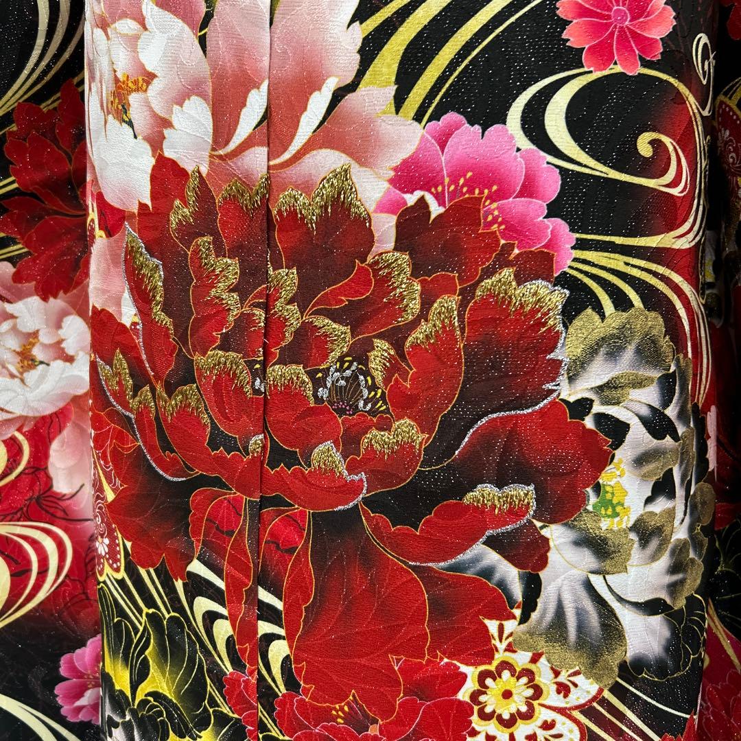黒ラメゴージャス牡丹に流水の振袖フルセット