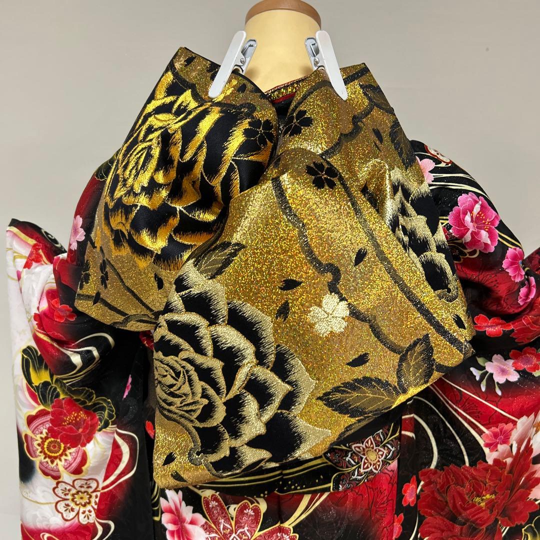 黒ラメゴージャス牡丹に流水の振袖フルセット