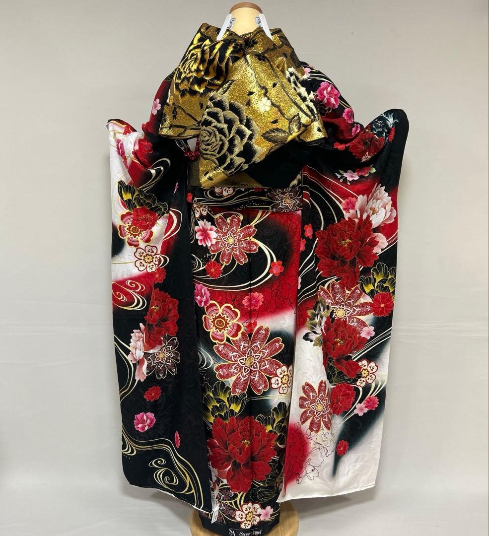 黒ラメゴージャス牡丹に流水の振袖フルセット