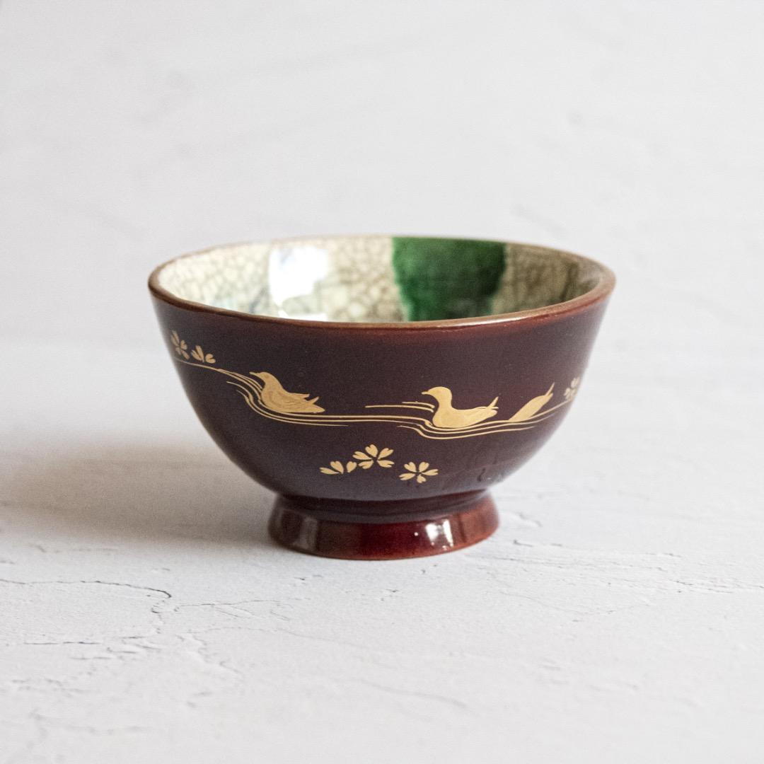 豊楽焼 大喜豊助 造 ぐい呑み 箱付き｜豊樂 水鳥 鴨 蒔絵 木具写 骨董