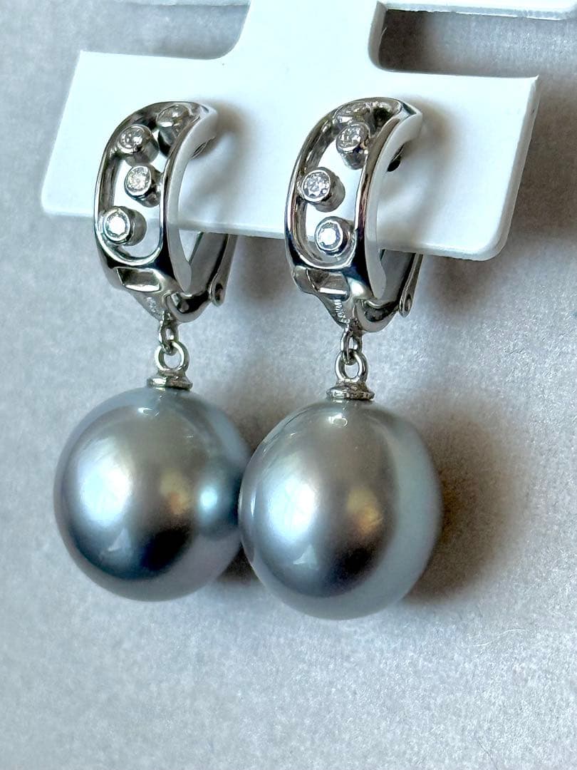 専用！真珠科学研究所オーロラオーシャンブルー黒蝶真珠ダイヤモンドイヤリングWG
