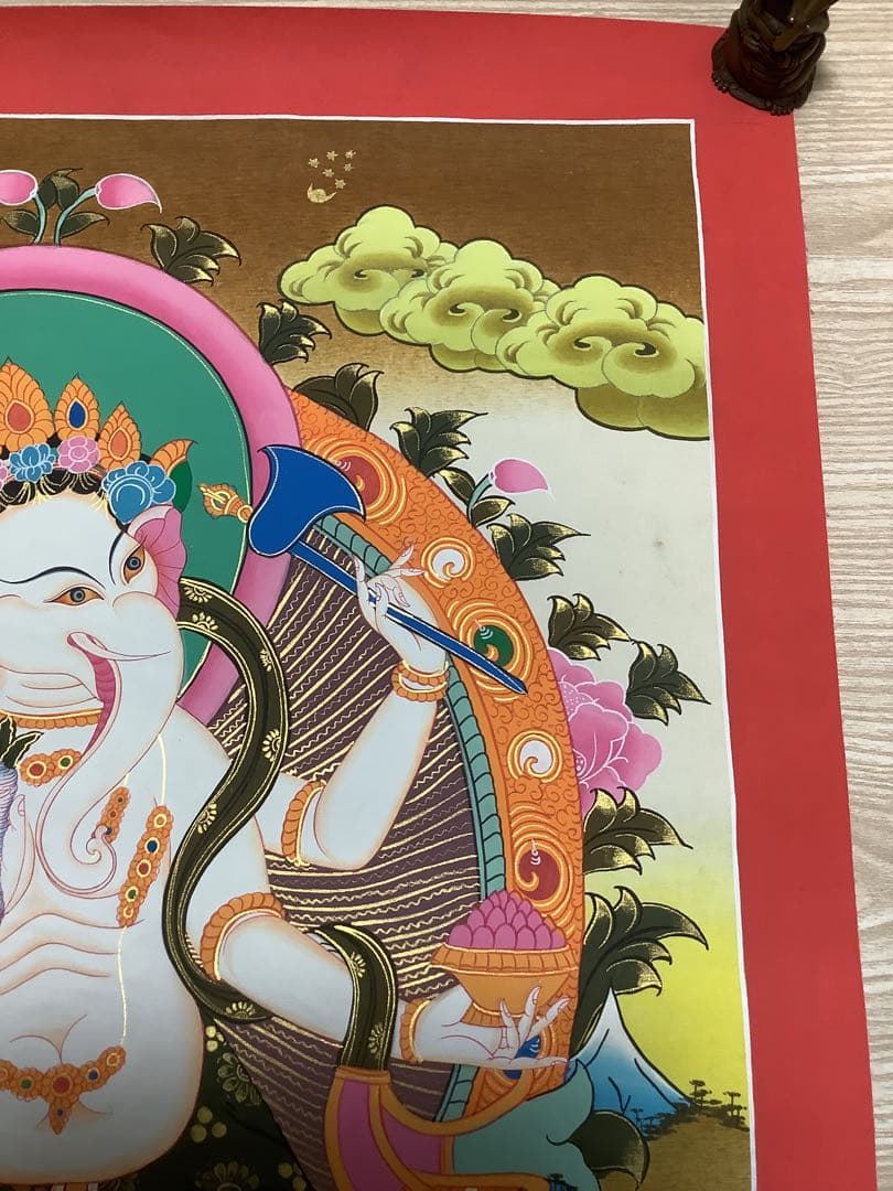 《 チベット密教　新品 》 ガネーシャ　タンカ　曼荼羅　手描き　1点物　金運